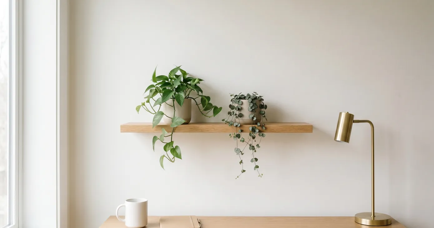 Plantes en pot sur une étagère en bois au-dessus d’un bureau